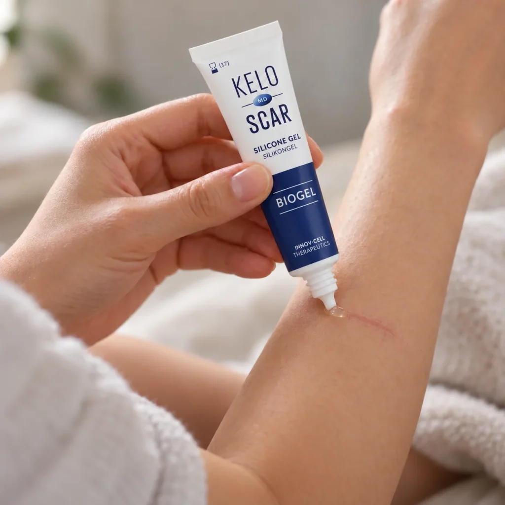 A person applying KELOSCAR BIOGEL to a healed scar on the forearm